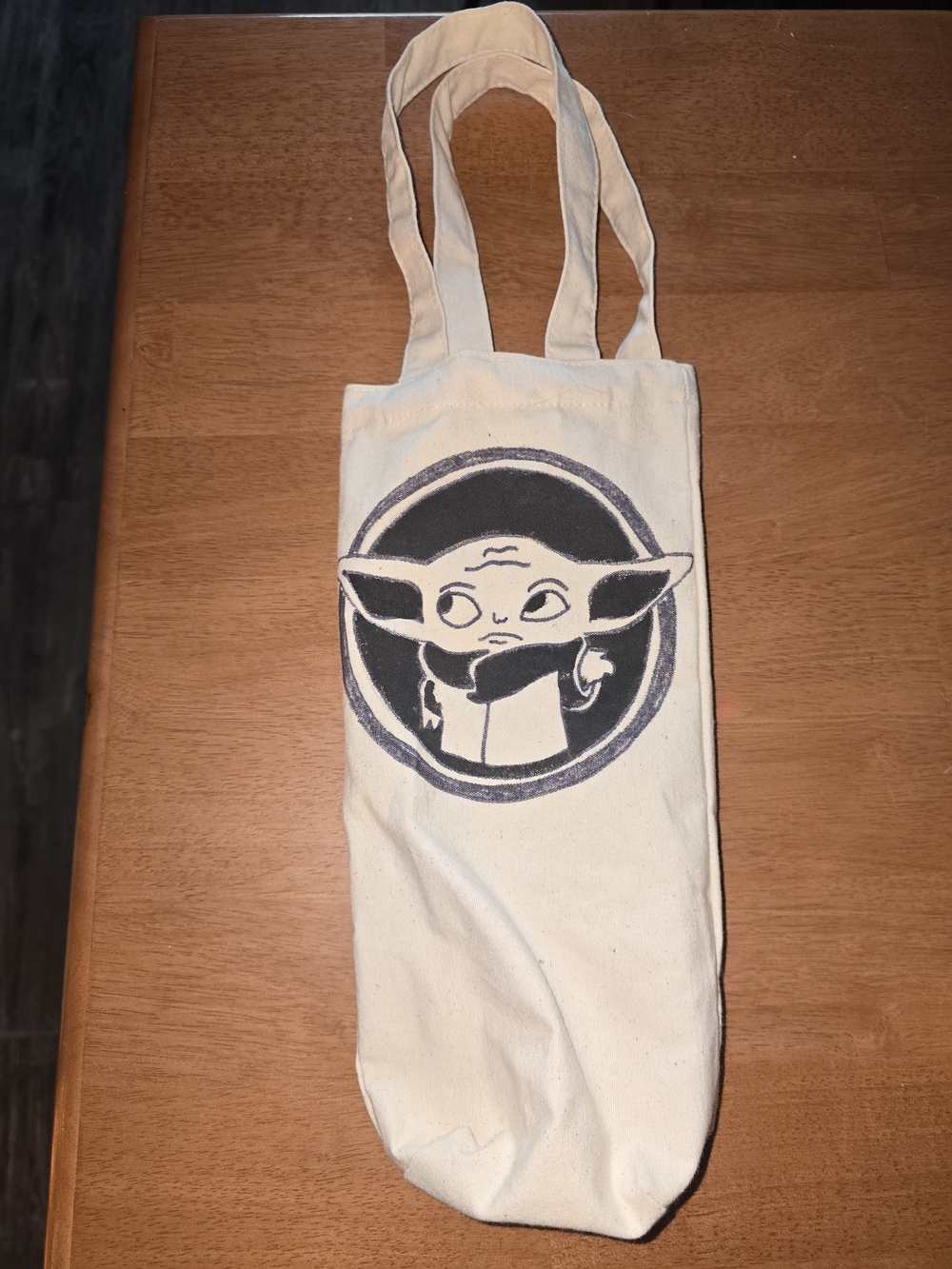 Handmade Canvas Tote Wine Bag with Cute Baby Yoda Graphic